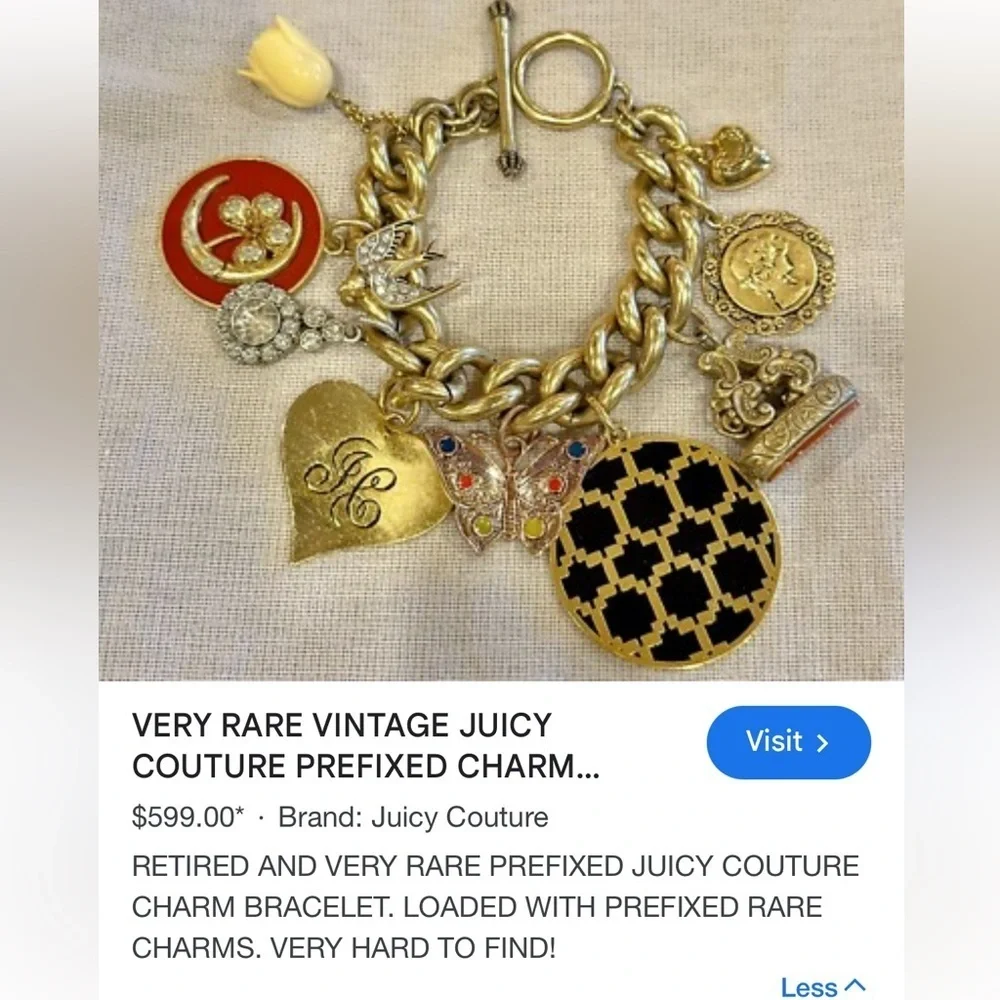 Juicy Couture J Heart Charm Bracelet &  Mixed Rare Charms Gold Tone​ - Picture 8 of 8